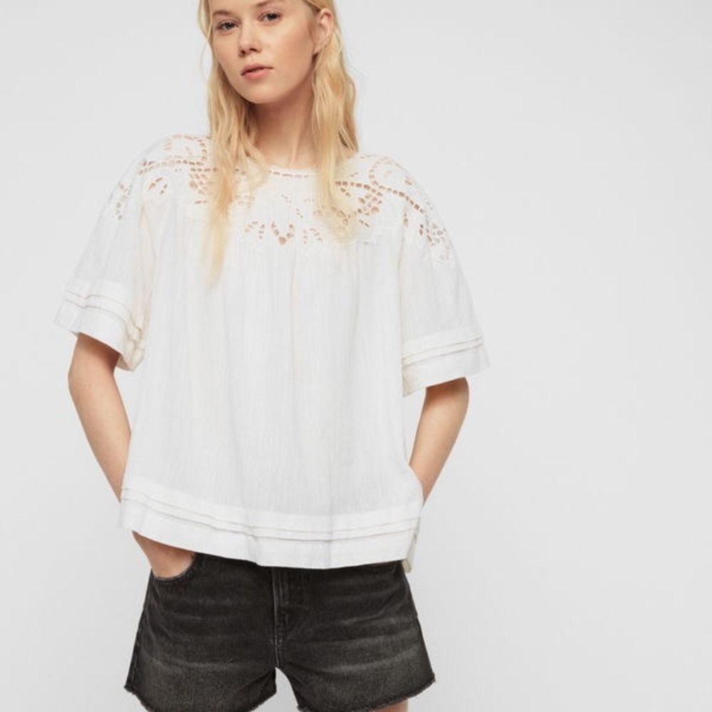 All Saints Lise Broderie Top Lace Blouse in Chalk White Size S